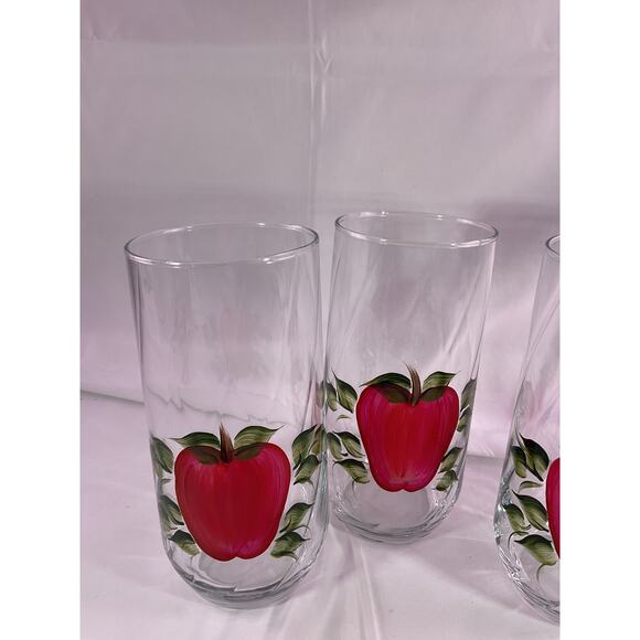 Set of 4 Rare Vintage Hand Painted Apple Clear Glass Drinking Glasses 7" Tall - Picture 3 of 9